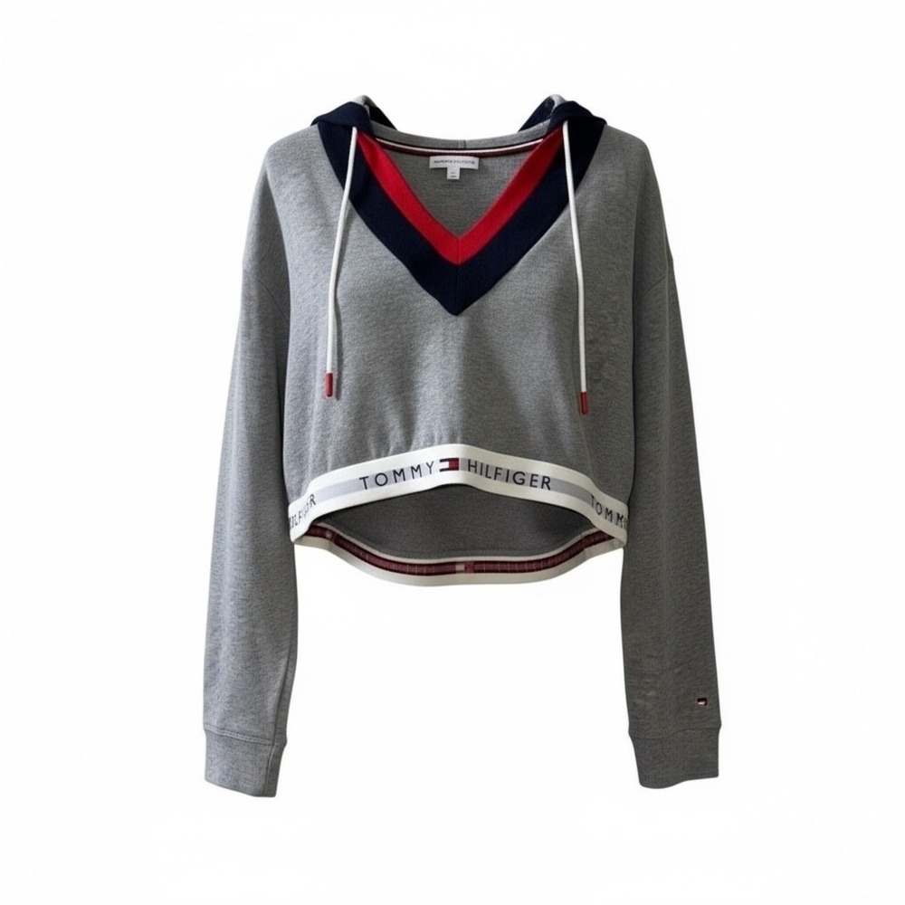 Tommy Hilfiger Cropped Hoodie Gray Red Blue V Neck Long Sleeve Banded‎ Hem - Picture 3 of 6
